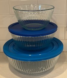 3 Pyrex Serving Bowls - 2 With Plastic Lids