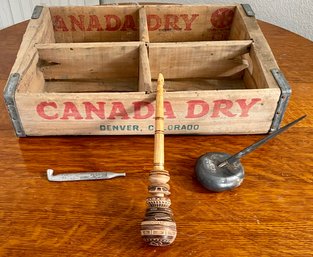 Antique Canada Dry Denver Colorado Wood And Metal Box, Chroma Copy Pen Set, Hand Carved Wood Toy, And More