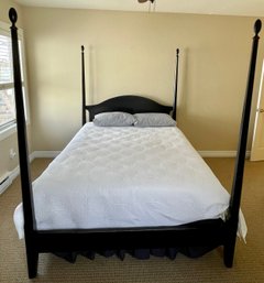 Queen Size Black Wood 4 Poster Bed With Bedding, Mattress Topper, And Mattress