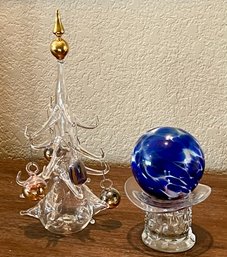 Art Glass Lot - Hand Blown Christmas Tree With Glass Ornaments Italy, Glass Hat, Hand Blown Glass Ornament
