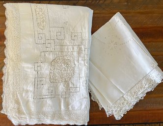 (2) Stunning Antique Fine Linen Lace Embroidered Table Clothes