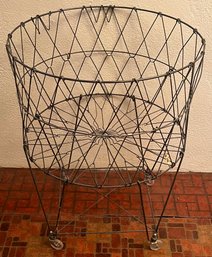 Vintage Collapsible Metal Wire Hamper On Casters