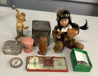 Eclectic Lot - Antique Lipton Tea Tin, Vintage Register Bank And Compass, Carved Wood Owl, And More
