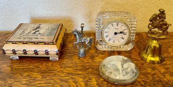 Austria Wood Music Box Kaiser Waltz, Steager Crystal Clock (works), Brass Bell, Pewter Horse, And Paper Weight