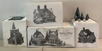 Department 56 Dickens Village Series Lot - (4) Porcelain Figurines In Original Boxes, And Bottle Brush Trees