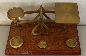 Antique Brass Postal Scale With .5, 1, And 2 Ounce Brass Weights