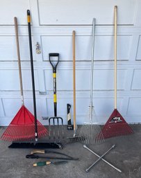 Hand And Yard Tool Lot Including Vintage Aluminum Rake, Hatchet, Brooms, And More