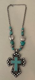 Hand Made Silver Tone Cross Necklace With Turquoise And Rhinestone Inlay