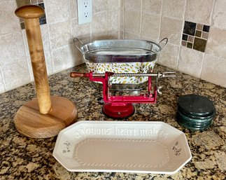 Myrtle Wood  Paper-towel Holder, Pfaltzgraff Serving Tray, Apple Corer, Handled Tin, 6 Marble Coasters