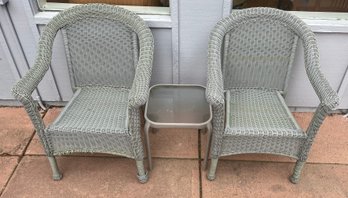 Pair Of Faux Grey Rattan Outdoor Patio Chairs W Aluminum Glass Top Side Table