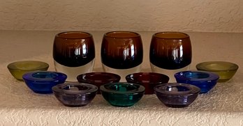 (9) Assorted Color Crate And Barrel Tea Light Candle Holders And (3) Assorted Amber Candle Holders