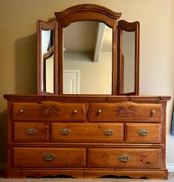 Palliser Furniture Light Pine 7 Drawer Mirrored Dresser With Brass Pulls