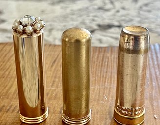 (3) Vintage Gold Tube Lipstick Cases -rawleighs, Max Factor Hollywood Cherry Cherry, Faux Pearl And Rhinestone