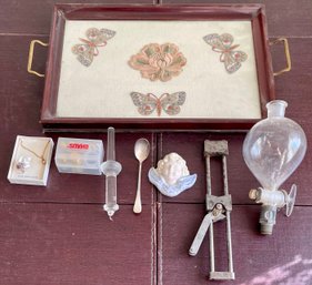 Vintage Tray With Brass Handles And Embroidered Butterflies, Antique Glass Valve, Gold Plated Necklace