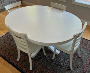 White Crate & Barrel Dining Table With Pedestal Base, 4 Ladder-back Chairs, And Leaf