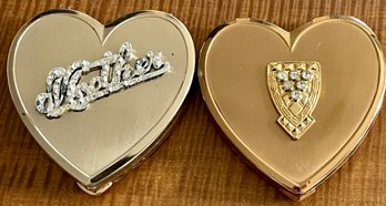 Two Vintage Superb Heart Gold Tone Powder Compacts - Mother And Rhinestone Design Top