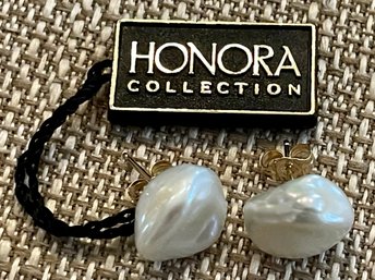 Honora 14K Gold And Large Freshwater Pearl Earrings In Original Box