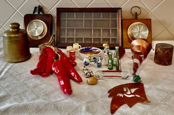 Eclectic Lot Of Home Decor Including Miniature Soda Bottles, Ceramic Chile Peppers, Thermometers, And More