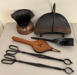 Vintage Fireplace Lot - Copper Ash Bucket, Bellow, Tongs, Log Holder, And Ash Scoop