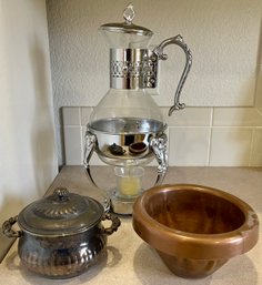 Revere Copper And Brass Bowl, Silver Tone And Glass Coffee Pot With Warmer, & Lenard Silver Plate Handled Pot