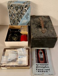 Vintage Kodak Darkroom Outfit, Standard Type Set Pieces, Radio Tube Manual, And Antique Wood Box