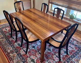 Wood Veneer Dining Table With Leaf & (6) Two Tone Chaircraft Wood Chairs With Asian Motif With Velvet Seats