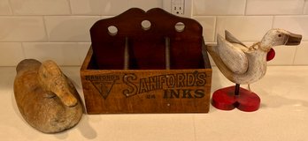 Antique Sanfords Inks Wooden Crate With Heart Goose Figurine And Antique Wood Carved Decoy Metal Base