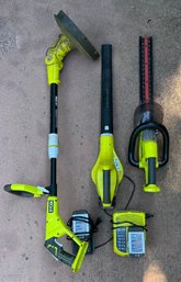 Ryobi Cordless 18v Yard Tool Lot - 12' String Trimmer, Hedge Trimmer, Blower, 3 Batteries, 2 Stations