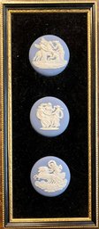 Vintage Wedgwood Made In England Blue Framed 3 Medallion Wall Hanging With Velvet Background