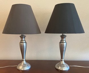 Pair Of 25' Stainless Table Lamps With Black And Charcoal Shades