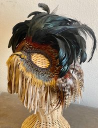 Vintage Feather And Leather Fringe Mask With Wicker Head Base