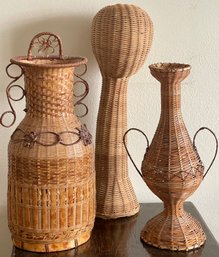 (3) Antique Wicker Pieces - (2) Vases And (1) Head Model