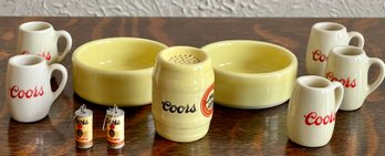 (2) Vintage Genuine Coorsite Yellow Small Bowls, Coorsite Salt Shaker, And (5) Miniature Coors Mugs