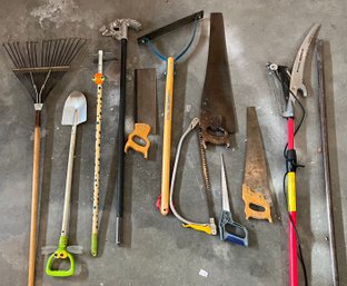 Hand Tool Lot - Saws, Rake, 9 Ft Pole Saw, Conduit Bender And More
