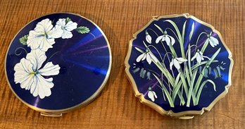 2 Vintage Stratton Blue Enamel And Floral Large Powder Compacts