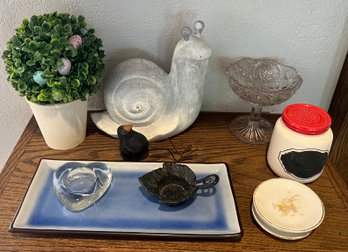 Decor Lot With Faux Plant - Concrete Garden Snail - Compote - Tray And More