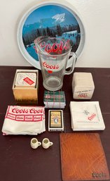 Coors Lot - 1982 Coors Metal Tray, Vintage Coors Coasters, Pitcher, Playing Cards, Bandanna, Wallet, Mini Mugs