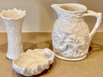 Mason's Ivory Ironstone Stag Hunt Dogs Made In England Pitcher, Ivory Lenox Dish And Lenox Vase