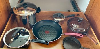 Assorted Pots And Pans - Tfall, Reveerware, Griswald Cast Iron, Corning Pan With Pyrex Lid
