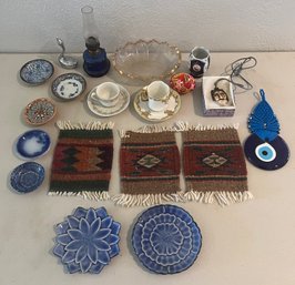 Japan Pottery, Mexico Mini Rugs, Painted Egg, Mini Kerosine Lamp, And More