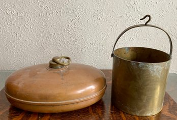 Vintage Kraussware Copper  Bed Warmer And Antique Solid Brass Bucket