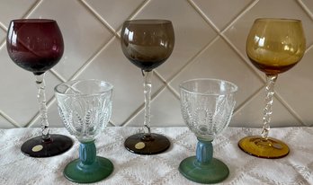(3) Made In Roumania Colored Wine Glasses, Clear Twist Stem Glasses, (2) Antique Clear Glasses