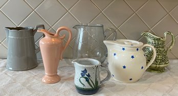(6) Vintage Pitchers - Czech Stars, Etched Glass, Signed Studio Pottery, And More