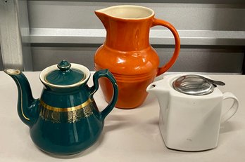 Teapot And Pitcher Lot - Hall 6-cup, Bee House Japan Creamer, & Well Equipped Kitchen Thailand Pitcher
