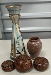 1962 World's Fair Seattle Decanter, 6' Marble Stone Vase, And 6 Piece Burmese Lacquer Trinket Boxes