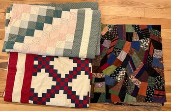 Antique Hand Made Crazy Quilt And (2) Checkered Machine Stitched Quilts