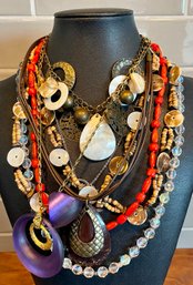 Vintage Boho Necklace Lot - Coral - Mother Of Pearl - Stone - Metal - Crystal - Leather - Wood And More