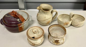 Vintage Studio Pottery - Puka Covered Casserole, Pitcher, Sugar, Two Sided Bowl, And More