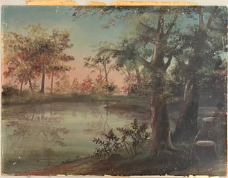 Antique Landscape Oil Painting On Extra Academy Board Reynolds Co. Out Of Frame