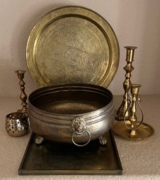Brass Lot - Lion Handle Footed Bowl, Candle Holders, And (2) Trays
